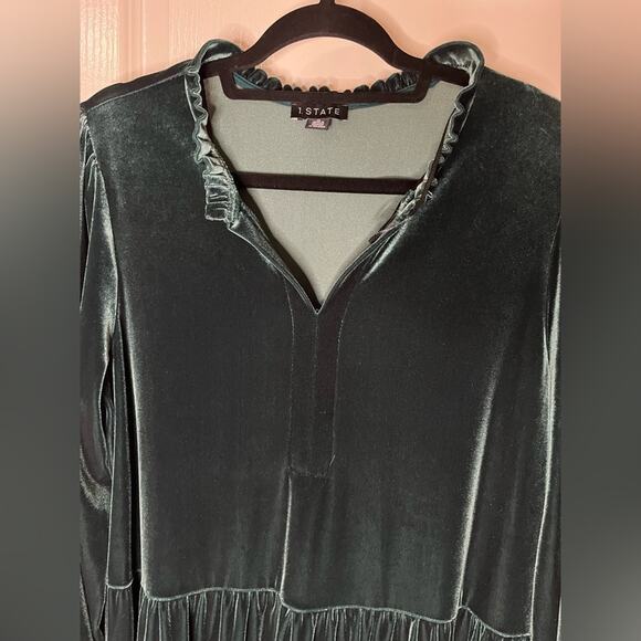 1.STATE Deep Green Velour Velvet Long Sleeve Ruffle Babydoll Dress w/ V-neck XL - Picture 5 of 11
